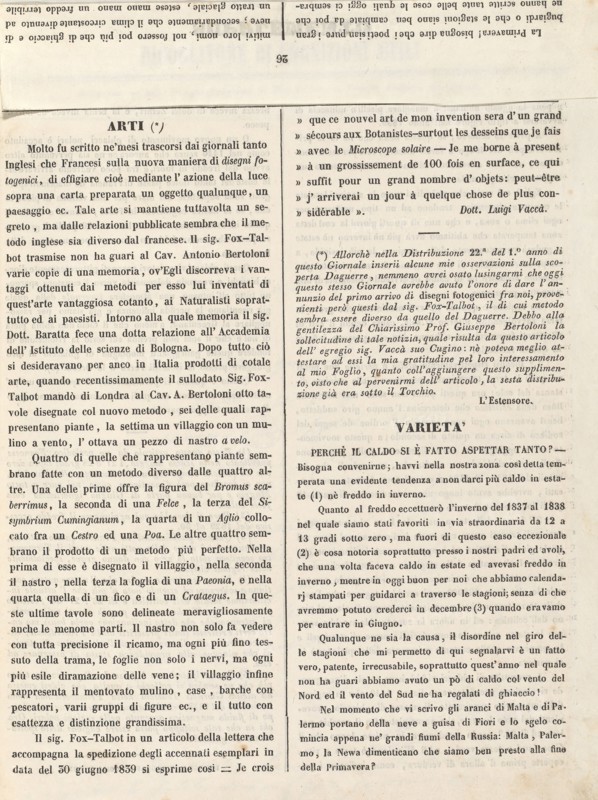 Supplemento al no. 6 anno 2o del Ricoglitore di Cognizioni Utili (15 July 1839), p. 25, 1839. [Article in Italian discussing photogenic drawing and botanical photography, mentioning Antonio Bertoloni and William Henry Fox Talbot].