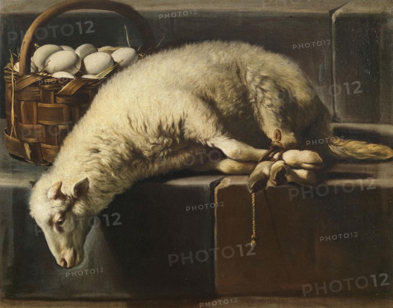 A ligated lamb besides a basket of eggs (Allegory of Easter), Second Half of the 17th cen.. Creator: Recco, Giovan Battista (1615-1660).