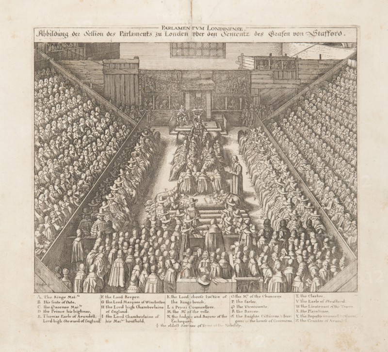 Depiction of the Parliament of London?s session of the sentence of the Earl of Stafford, ca 1642. Creator: Hollar, Wenceslaus (1607-1677).