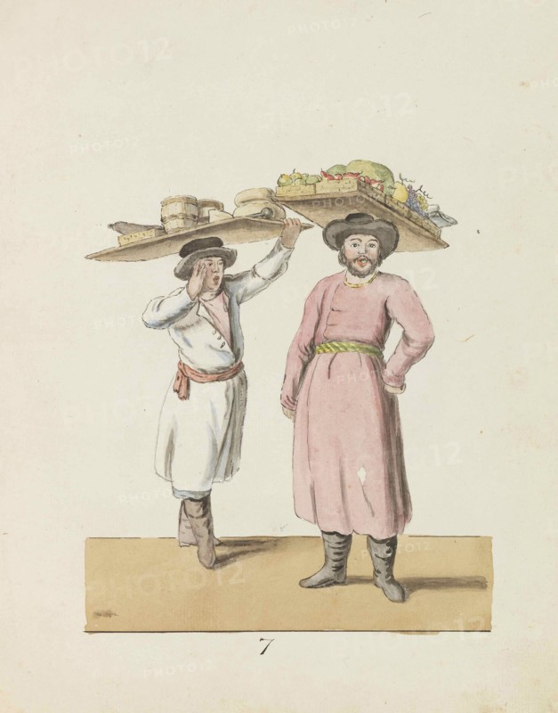 Fruit seller and peasant selling cheese and herring (From the series The St. Petersburg...), 1799. Creator: Geissler, Christian Gottfried Heinrich (1770-1844).