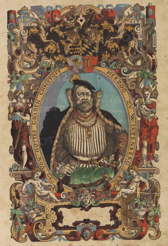Portrait of Duke Christoph of Württemberg (1515-1568) From Biblia germanica, 1564. Creator: Amman, Jost (1539-1591).