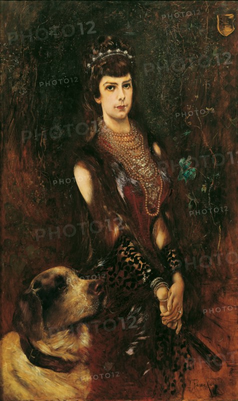 Portrait of Elisabeth of Bavaria with Saint Bernard Dog, 1883. Creator: Romako, Anton (1832-1889).