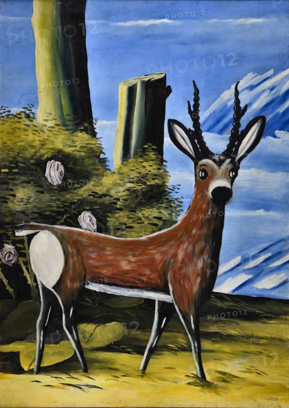 Roe Deer and Landscape, 1913. Creator: Pirosmani, Niko (1862-1918).