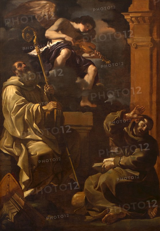 Saint Benedict and Saint Francis Listening to a Musician Angel. Creator: Guercino (1591-1666).