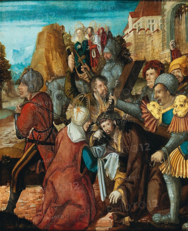 Saint Veronica presenting her veil to Christ on his way to Calvary, ca 1515-1520. Creator: Southwest German master.