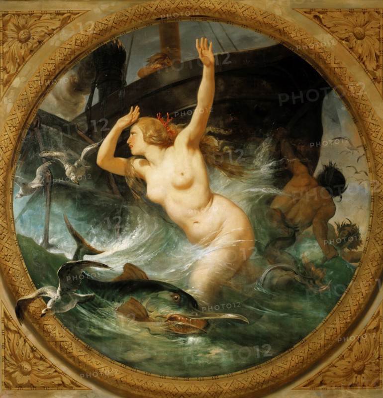 Steam Putting to Flight the Sea Gods (Ceiling painting, Salle des Pas perdus) , 1839-1847. Creator: Vernet, Horace (1789-1863).