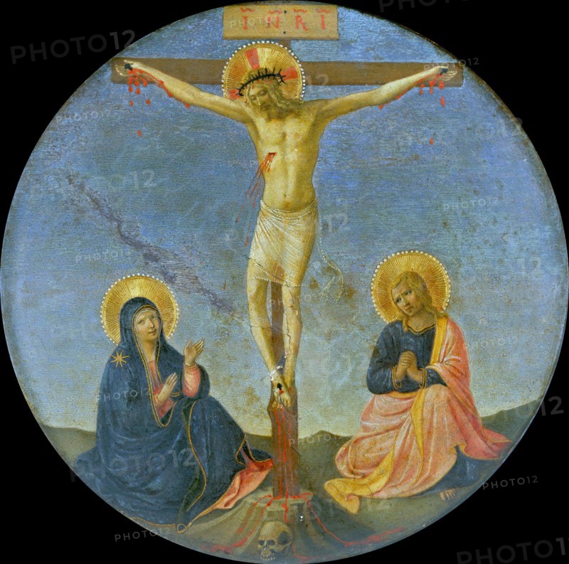 The Crucifixion with Mary and Saint John the Evangelist (Tondo), c. 1440. Creator: Angelico, Fra Giovanni, da Fiesole (ca. 1400-1455).