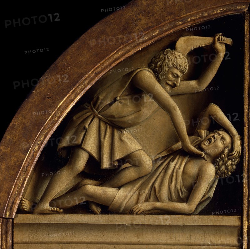 The Ghent Altarpiece. Adoration of the Mystic Lamb: Cain kills Abel, 1432. Creator: Eyck, Jan van (1390-1441).