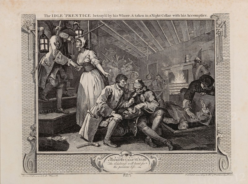 The Idle 'Prentice Betrayed by his Whore and Taken into a Night Cellar with his Accomplice, 1747. Creator: Hogarth, William (1697-1764).