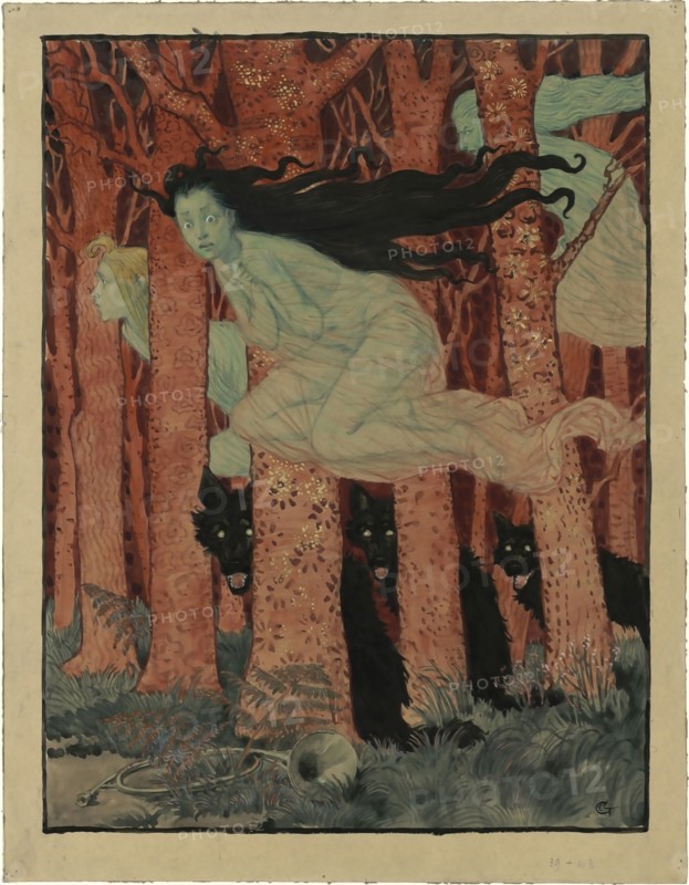 Trois femmes et trois loups (Three women and three wolves), ca 1892. Creator: Grasset, Eugène (1841-1917).