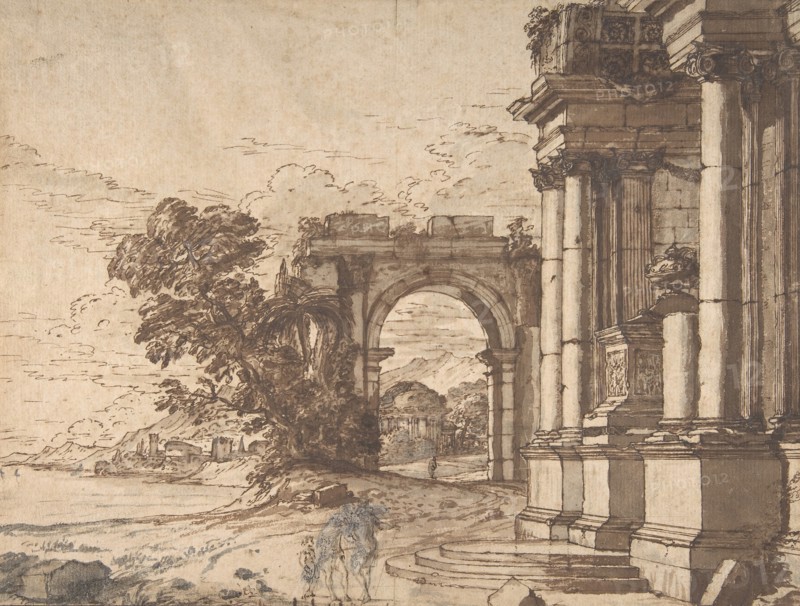 Landscape with Classical Architecture by a Lake, 17th century. Creator: Anon.