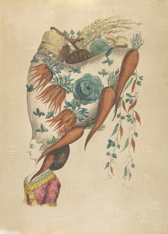 Fantastic Hairdress with Fruit and Vegetable Motif, 18th century. Creator: Anon.