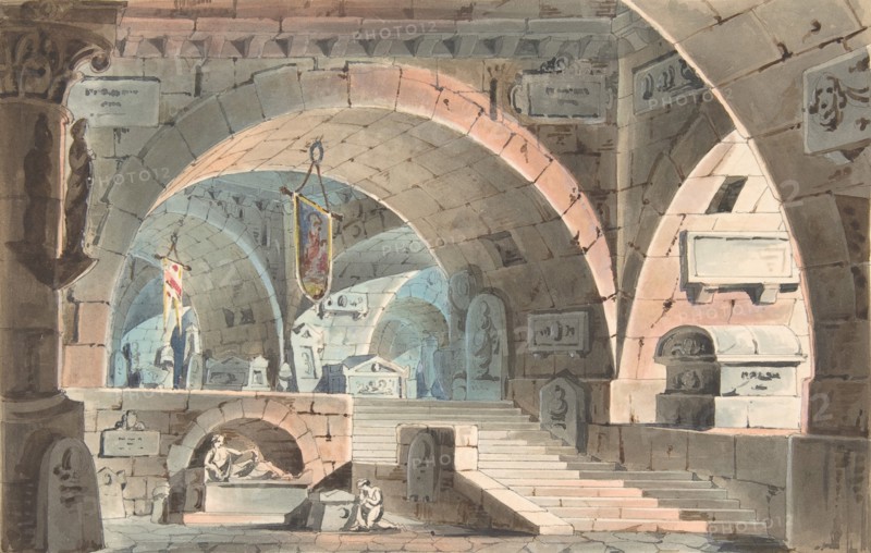 Crypt with a Kneeling Mourner, 1830-40. Creator: Anon.
