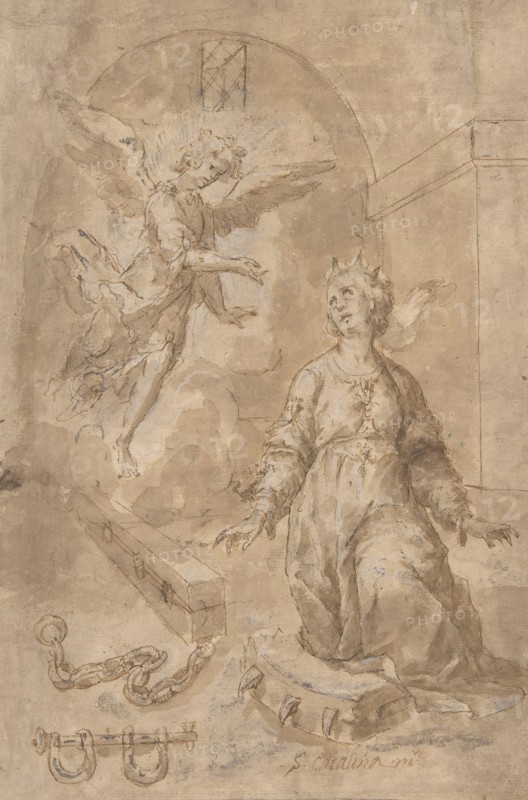 An Angel Appearing to Saint Catherine of Alexandria in Prison (recto); Volute (verso), 17th cent. Creator: Anon.