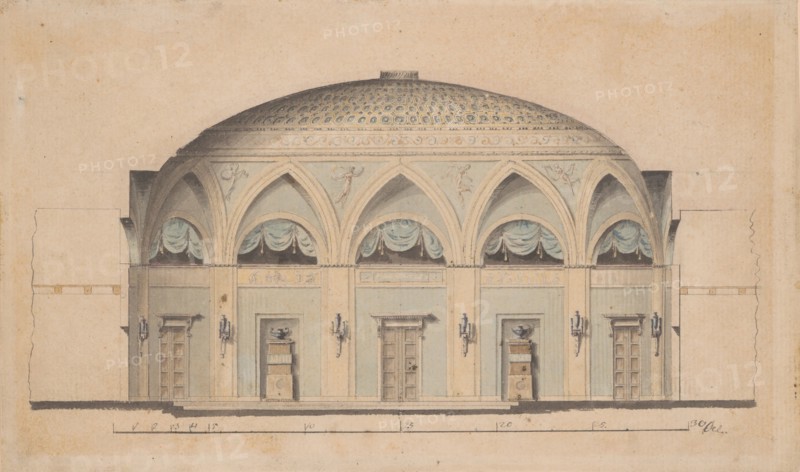Cross-Section of a Domed Room with Urns and Candelabra, ca. 1800. Creator: Anon.