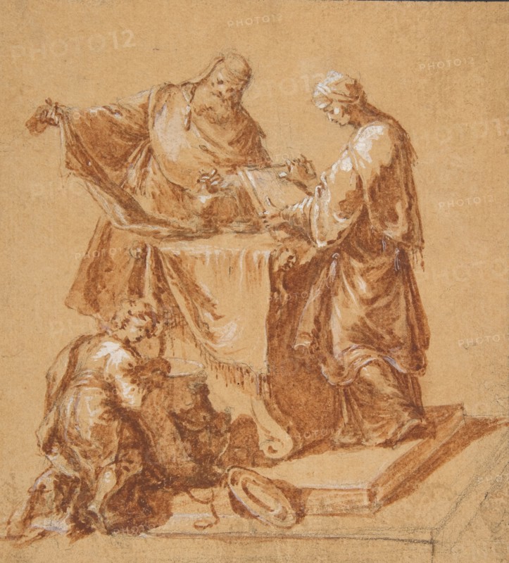 A High-Priest, the Prophetess Anna (?) and a Kneeling Boy around a Table, 1745. Creator: Anton Kern.