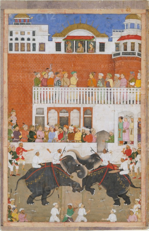 Shah Jahan Watching an Elephant Fight, Folio from a Padshahnama, probably 1639. Creator: Bulaqi.
