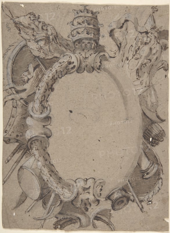 Design for Cartouche with Banners, Drums, Leaves and a Woman's Head with Tiara., 1732-1802.