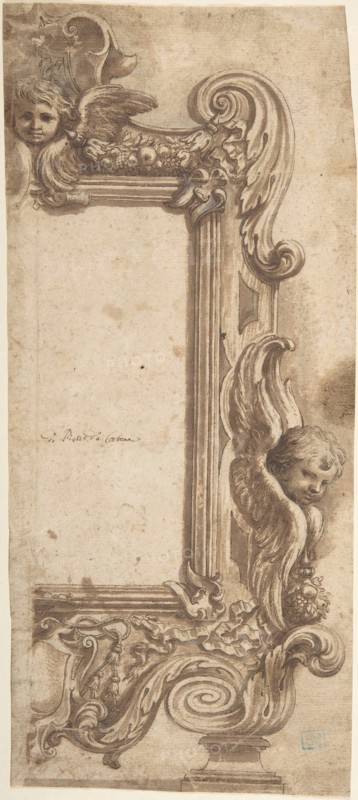 Design for a Half Frame Decorated with Angels, Volutes and Garlands., 1634-89. Creator: Attributed to Ciro Ferri.