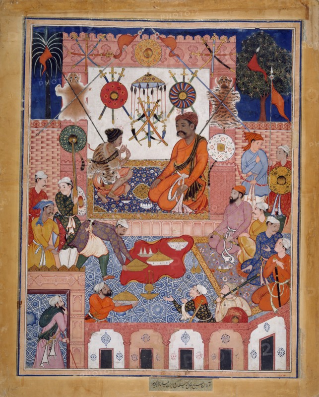 Misbah the Grocer Brings the Spy Parran to his House, Folio from a Hamzanama..., ca. 1570. Creator: Attributed to Dasavanta.