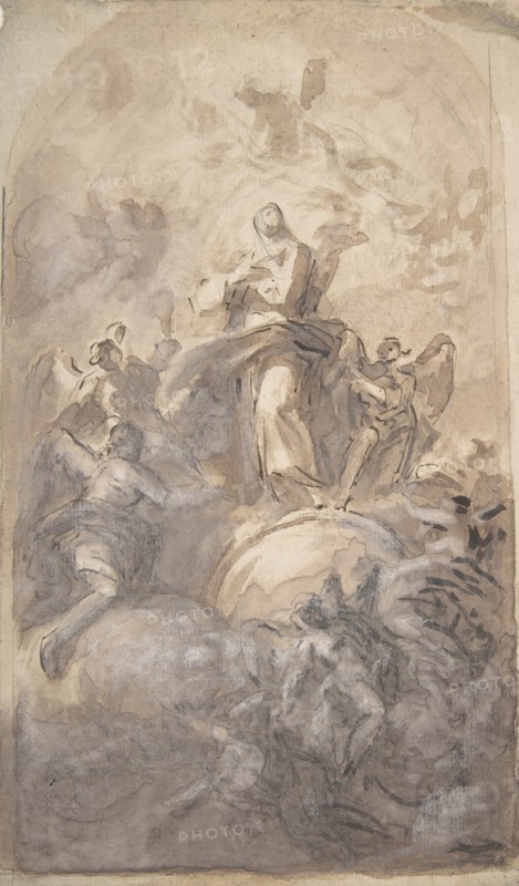 The Virgin Immaculate in Glory (recto); Sketch of a Part of a Leg and a Hand (verso), 1723-1806. Creator: Domenico Mondo.