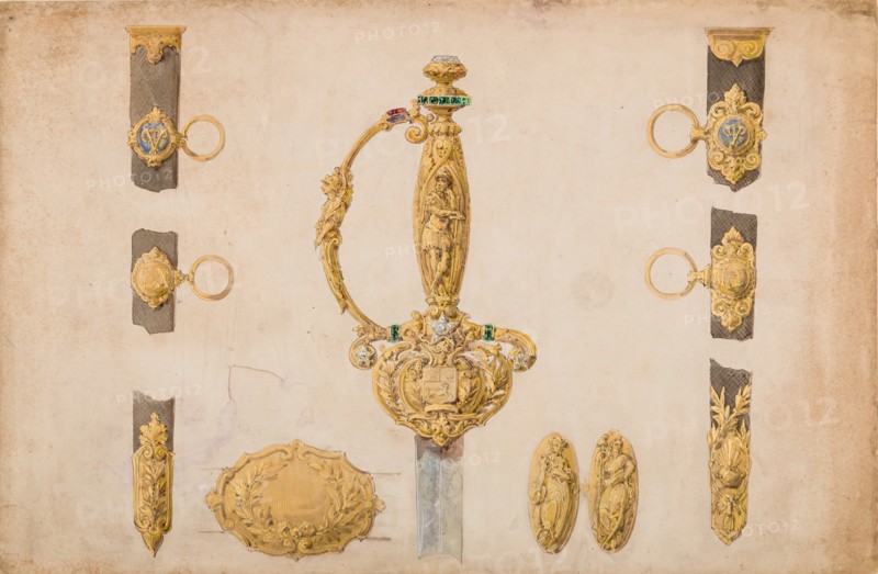 Design for a Sword Hilt, Scabbard, and Belt Fittings, ca. 1840-50. Creator: Attributed to Eugène Julienne.