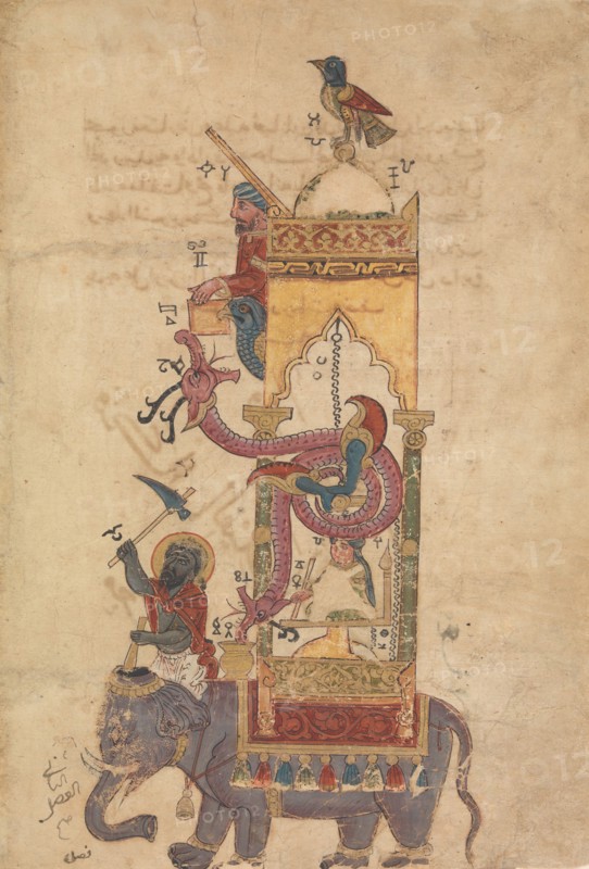 The Elephant Clock, Folio from a Book of the Knowledge of Ingenious Mechanical..., A.H. 715/A.D.1315 Creator: Farrukh ibn Abd al-Latif.