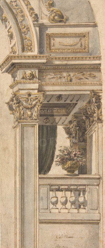 Design for Part of a Wall Elevation with a Balcony flanking an Arch, . Creator: Attributed to Faustino Trebbi (.