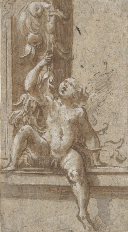 A Putto Seated on a Frame, ca. 1538-40. Creator: Girolamo Mazzola Bedoli.