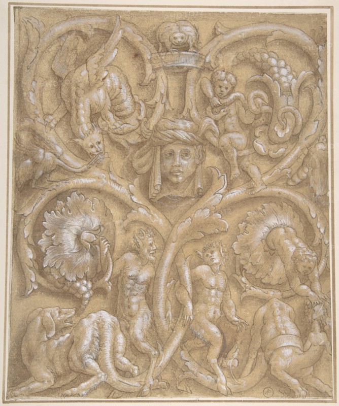 Design for an Ornamental Panel with Rinceaux, Satyrs, Putti, Monsters and a Human Head, 1535-45. Creator: Attributed to Giulio Campi.