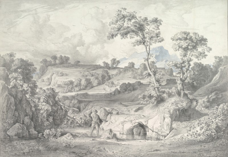 Southern landscape with a man and a snake, 1847. Creator: Heinrich Dreber.