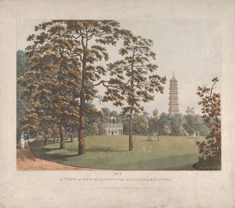 A View in Kew Gardens of the Alhambra and the Pagoda, 1813. Creator: Heinrich Schutz.