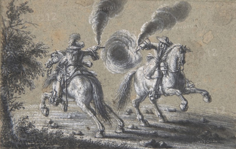 Two Horsemen Shooting at Each Other, 1600-1677. Creator: Heinrich Werdmuller.