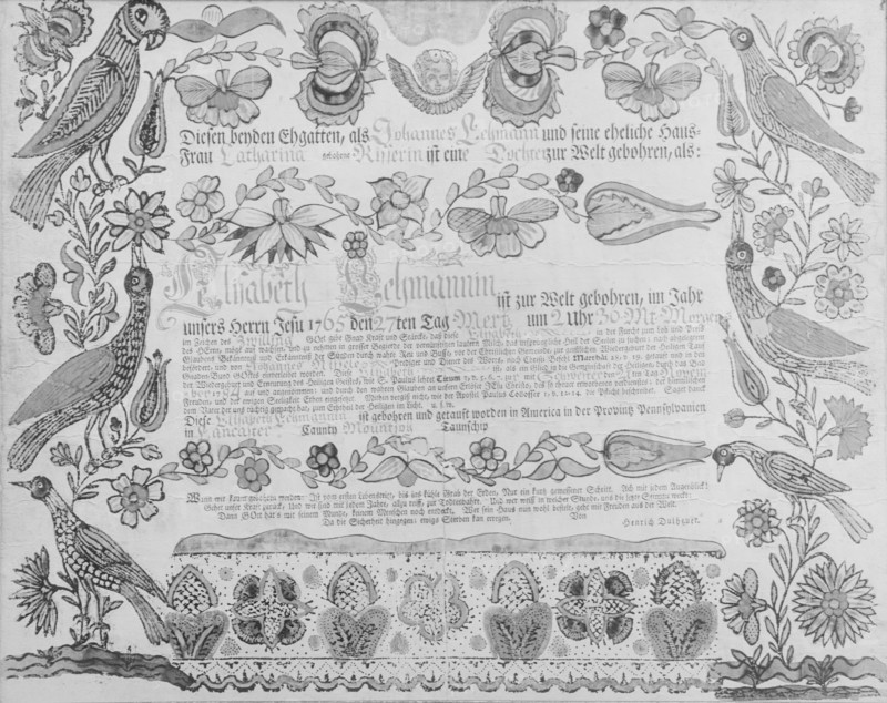Birth and Baptismal Certificate, 1784. Creator: Attributed to Henrich Dulhauer.
