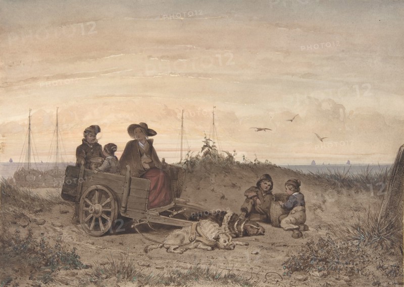 A Fisherman's Family at the Beach, the Mother and One of the Children Sitting in a Cart, 1855. Creator: Jan Gerard Smits.