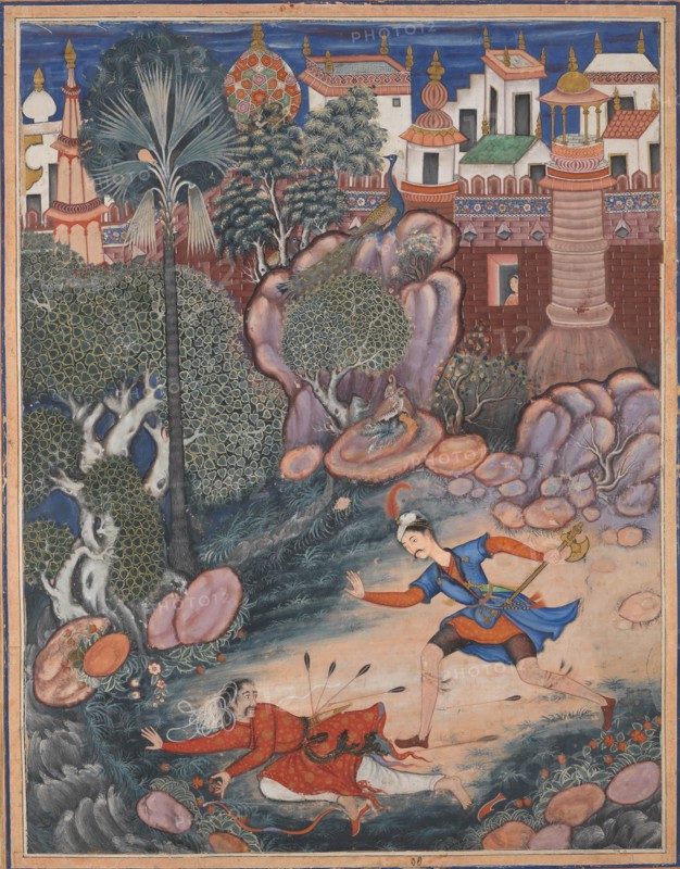 Umar Walks around Fulad Castle, Meets a Foot Soldier and Kicks Him to the Ground..., ca. 1570. Creator: Attributed to Kesav Das (.