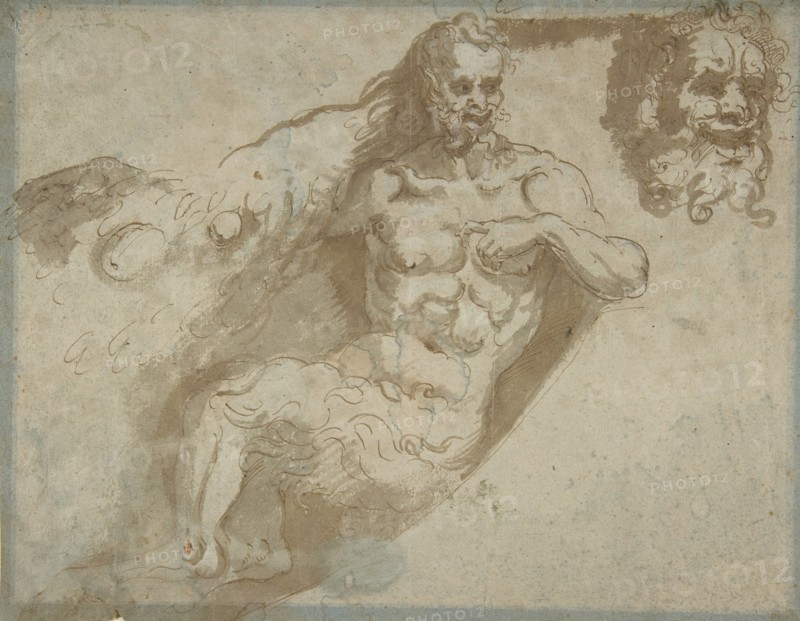 Seated satyr, with enlarged head of same (recto); head of a woman (verso), 1527-96. Creator: Pellegrino Tibaldi.