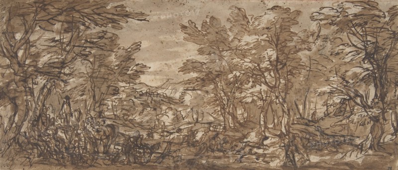 Forest Scene, a Halt at the Left, a Hunt at the Center, 1612-66. Creator: Attributed to Pier Francesco Mola (.