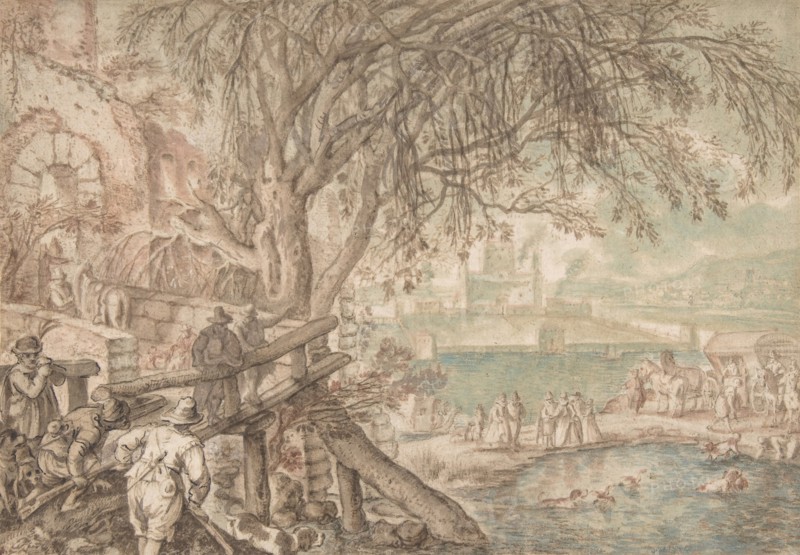 Huntsmen and Company Observing Dogs Retrieving Ducks in a Pond (The Month of April), c1610-20. Creator: Pieter Stevens.