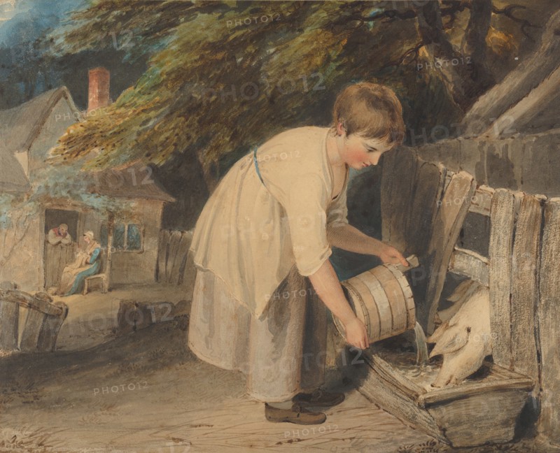 Girl Feeding Pigs, 1800. Creator: Richard Westall.