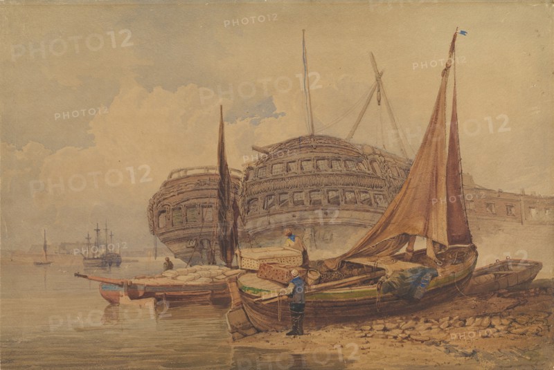 Coastal Scene with Beached Boats in Foreground, early-mid 19th century. Creator: Samuel Prout.
