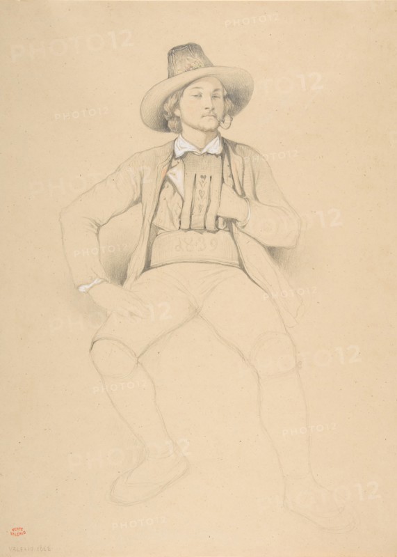 A Man in Tyrolean Costume, Seated, Smoking a Pipe, 1842. Creator: Théodore Valerio.