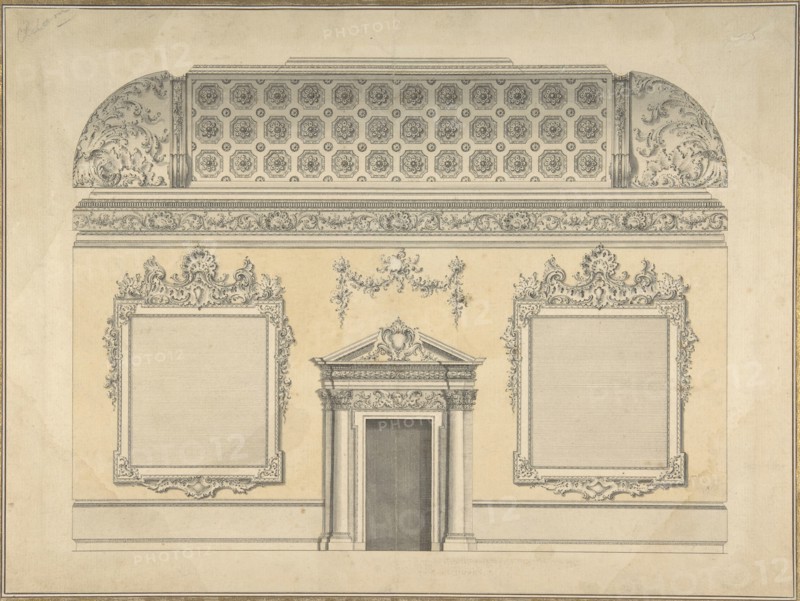 Design for Section of a Rococo Room, with a Coved Ceiling and Ornamented Corinthian..., ca.1750. Creator: Attributed to Thomas Lightoler.