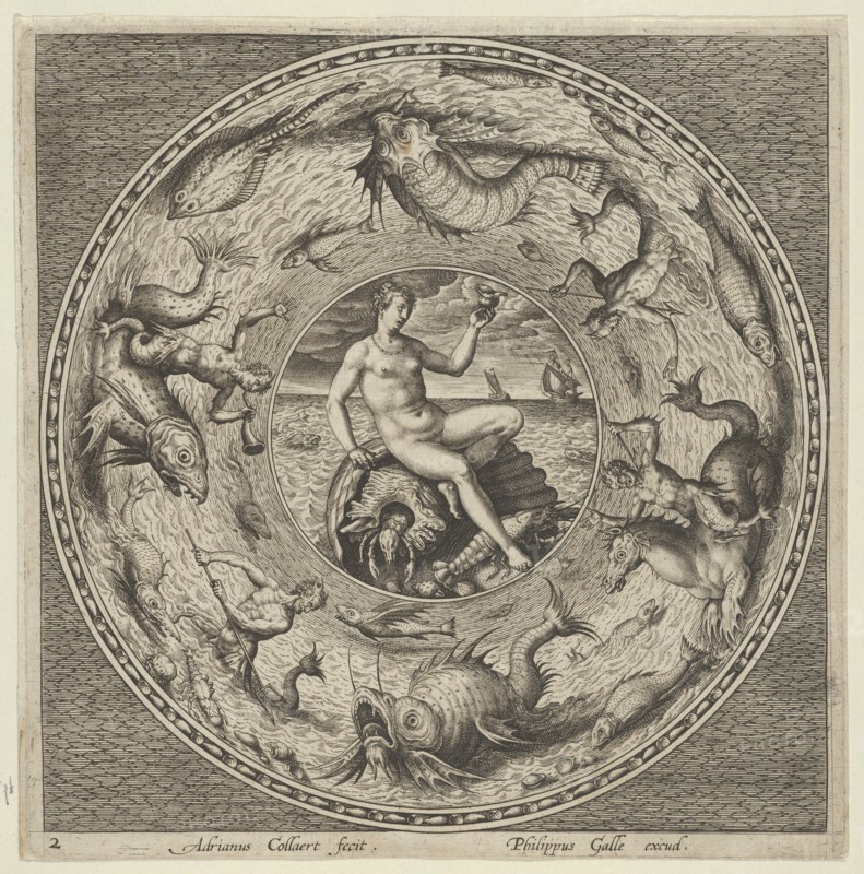 Design for a Plate with Thetis on a Shell in a Medallion Bordered by Sea Monsters, c1600. Creator: Adriaen Collaert.