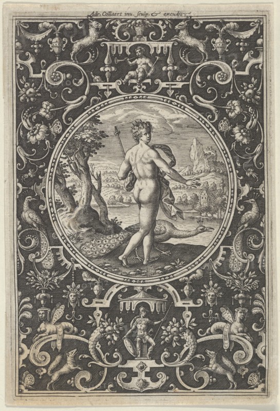 Juno in a Decorative Frame with Grotesques, from the Judgment of Paris, ca. 1580-..., c1580-1600. Creator: Adriaen Collaert.