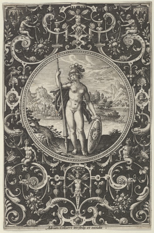 Minerva in a Decorative Frame with Grotesques, from the Judgment of Paris, c1580-1600. Creator: Adriaen Collaert.