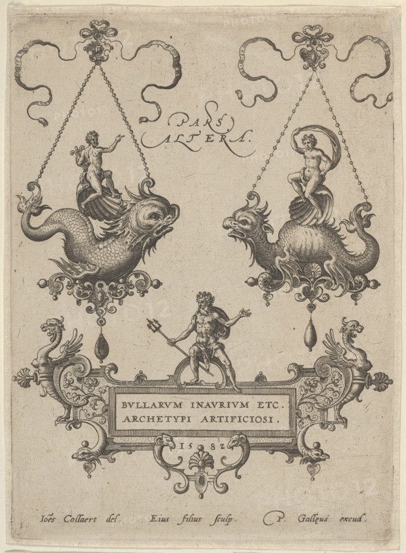 Title Plate with Two Pendant Designs Above and Neptune Standing on a Cartouche Below, 1582. Creator: Adriaen Collaert.