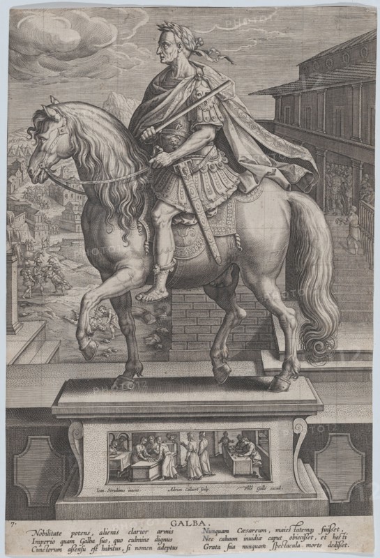 Plate 7: equestrian statue of Galba, in profile to the left, with a beheading scene..., ca. 1587-89. Creator: Adriaen Collaert.