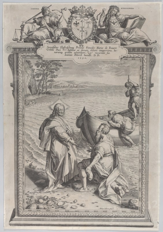 Christ calling Saint Andrew, who kneels before him on a beach, and Saint Peter, who climbs..., 1590. Creator: Adriaen Collaert.
