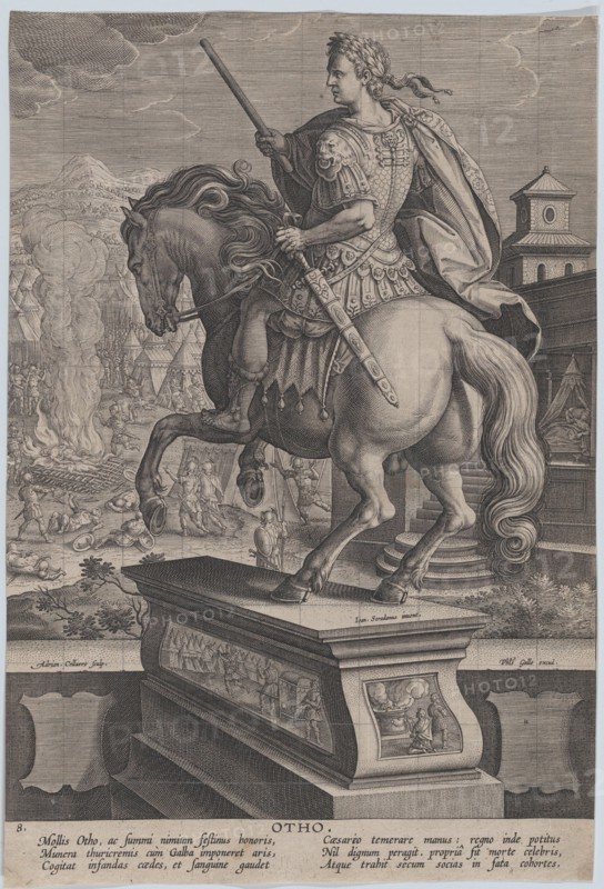 Plate 8: equestrian statue of Otho, seen from behind, his death scene in the backgr..., ca. 1587-89. Creator: Adriaen Collaert.